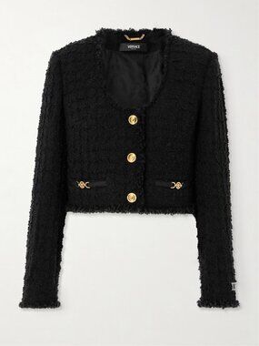 Versace Cropped Wool-Blend Tweed Jacket, Black, Size IT 40, US 4